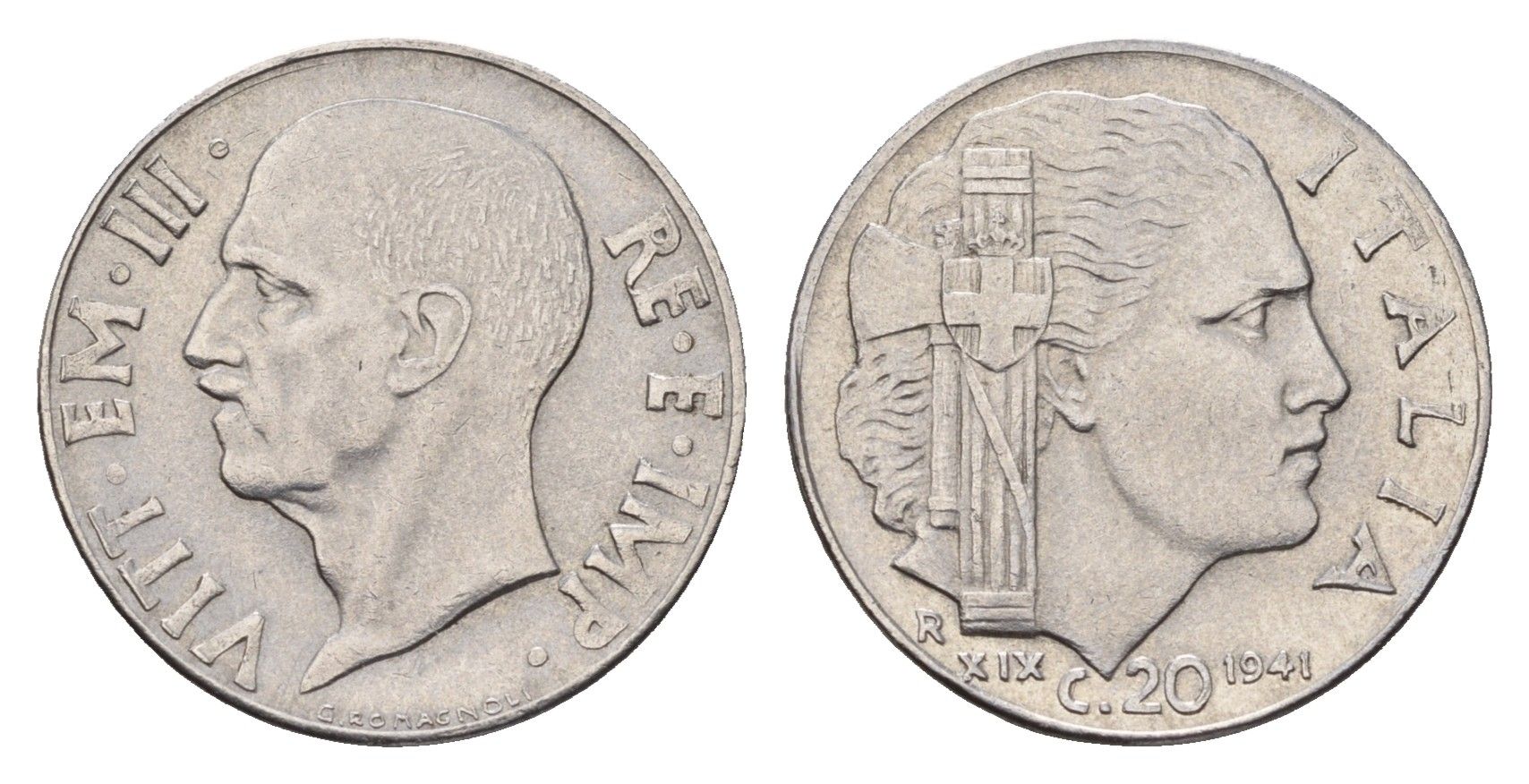 Италия 20 чентезимо 1941 Виктор Эммануил III (1900-1946) KM 75b нержавеющая сталь 4651-538