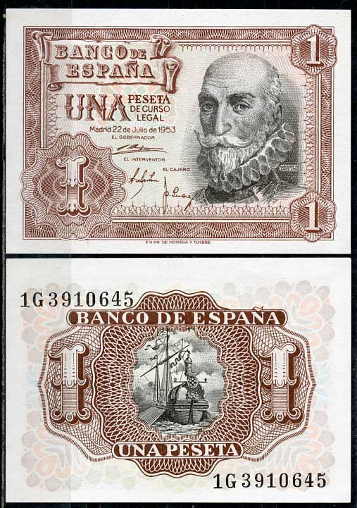 Испания 1 песета 1953 22 июля 1953, Мигель де Санта Круз Pick 144 a  бумага  UNC (пресс) 450-84-1