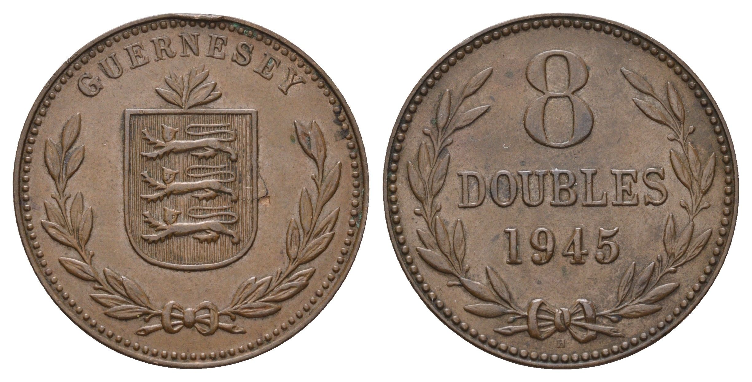 Гернси 8 даблов (дублей) 1945 KM 14 бронза 4607-541