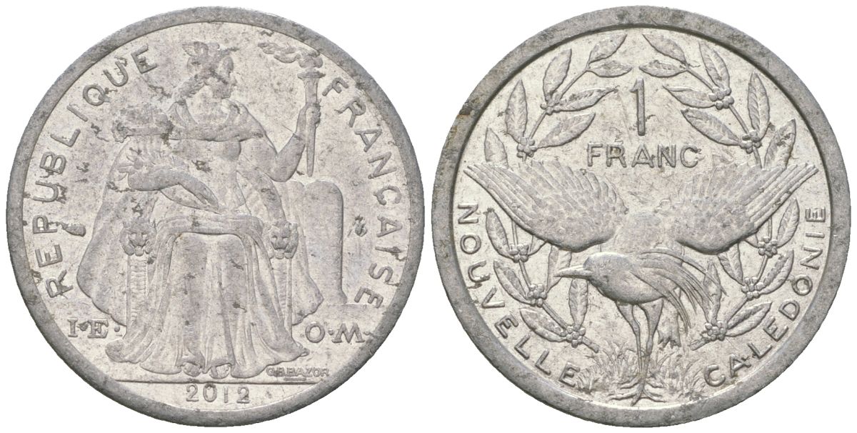 Французская Новая Каледония 1 франк 2012 птица кагу, (IEOM) KM 10, Schoen 10 алюминий 36-1055