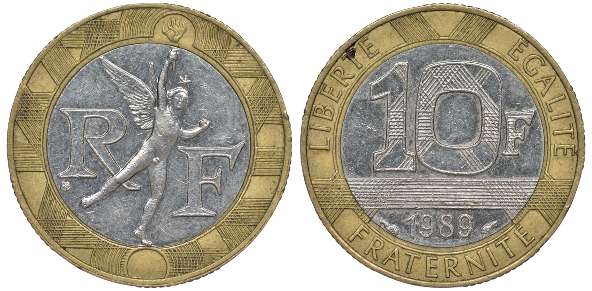 Франция 10 франков 1989 тип гений Бастилии KM 964.1, Le Franc 375.3 биметалл 45-621