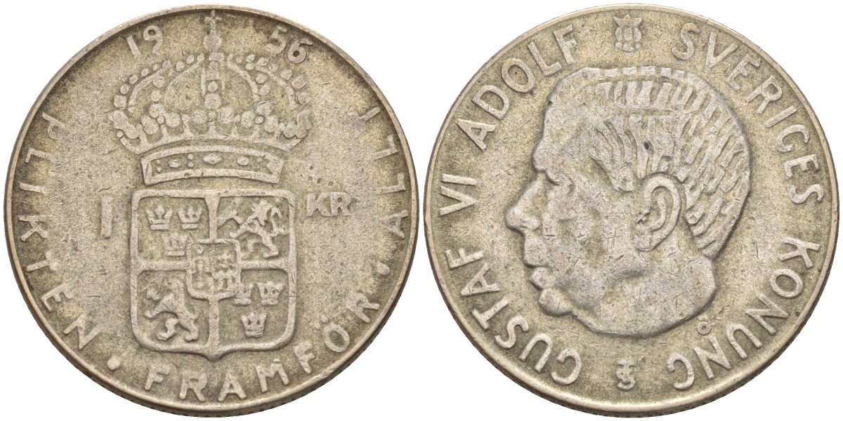 Швеция 1 крона 1956 TS, Густав VI Адольф (1950-1973) KM 826 серебро 4148-1151