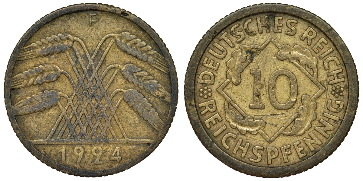 Германия 10 рейхспфеннигов 1924 F KM 40, J. 317 алюминиевая бронза 4121-857