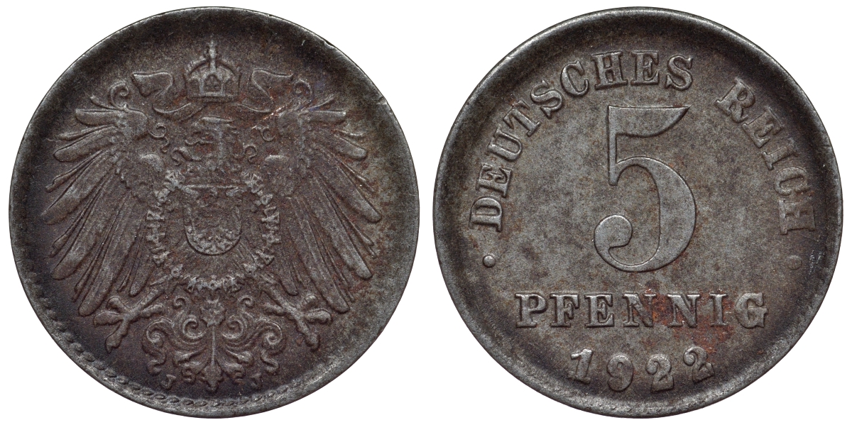 Германия 5 пфеннигов 1922 J KM 19, J. 297, Weege 5 железо 4118-1147