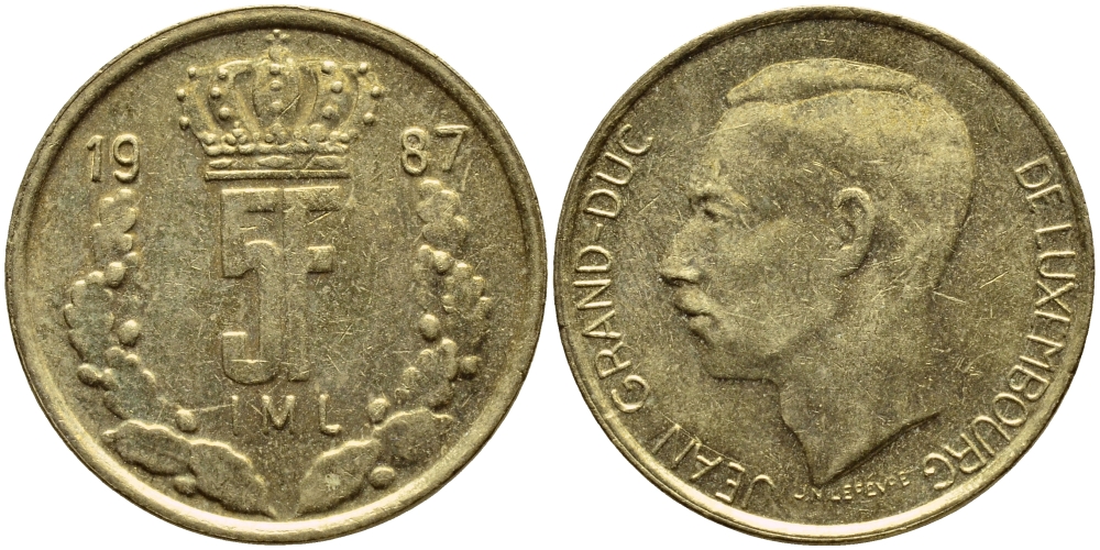 ЛЮКСЕМБУРГ 5 ФРАНКОВ 1987 БОЛЬШАЯ КОРОНА KM 60.2 латунь 4397-515