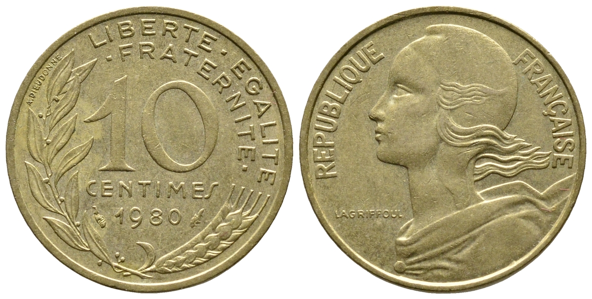 ФРАНЦИЯ 10 САНТИМОВ 1980 ТИП MARIANNE КМ 929, LE FRANC 144.20 алюминиевая бронза 93-1322