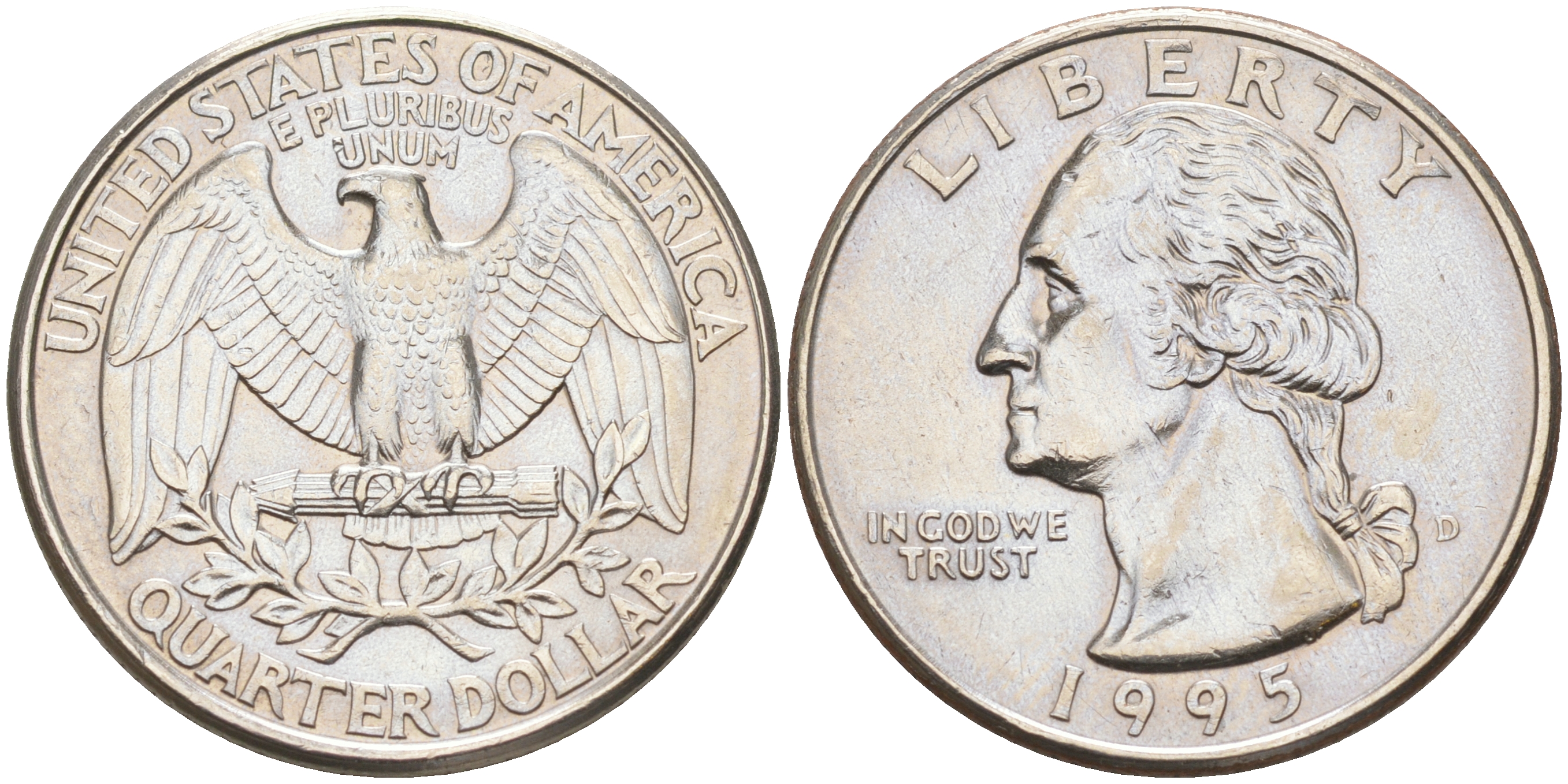 США 25 центов (квотер) 1995 D, Вашингтон KM A164a медь плакированная медно-никелем 190-421