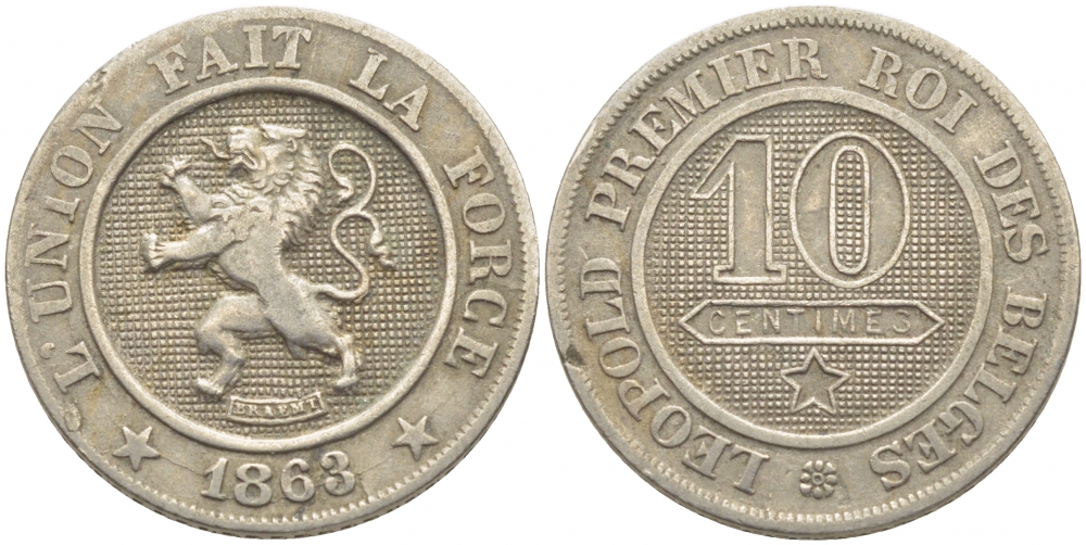 БЕЛЬГИЯ 10 САНТИМОВ 1863 BELGES KM 22 медно-никель 3856-421