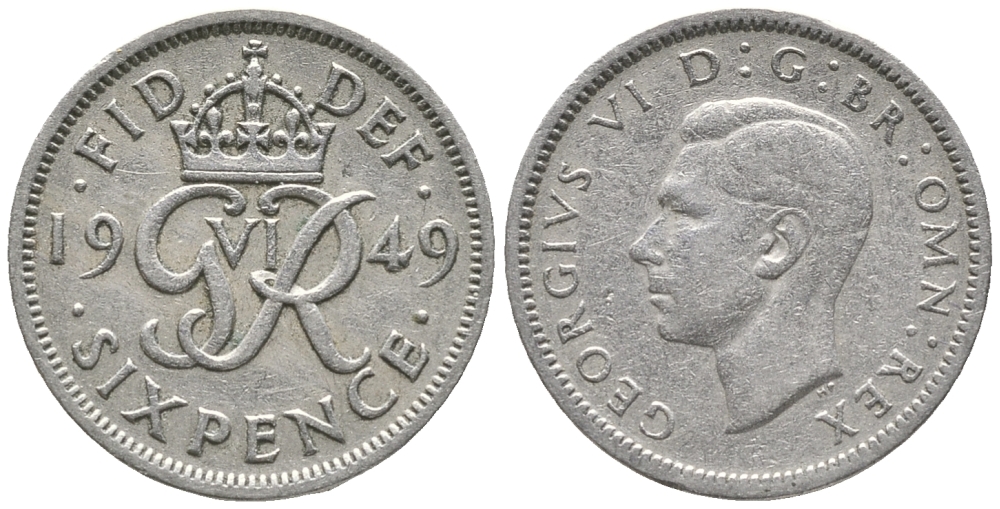 Великобритания 6 пенсов 1949 Георг VI (1936-1952) KM 875, Spink 4110 медно-никель 100-1068
