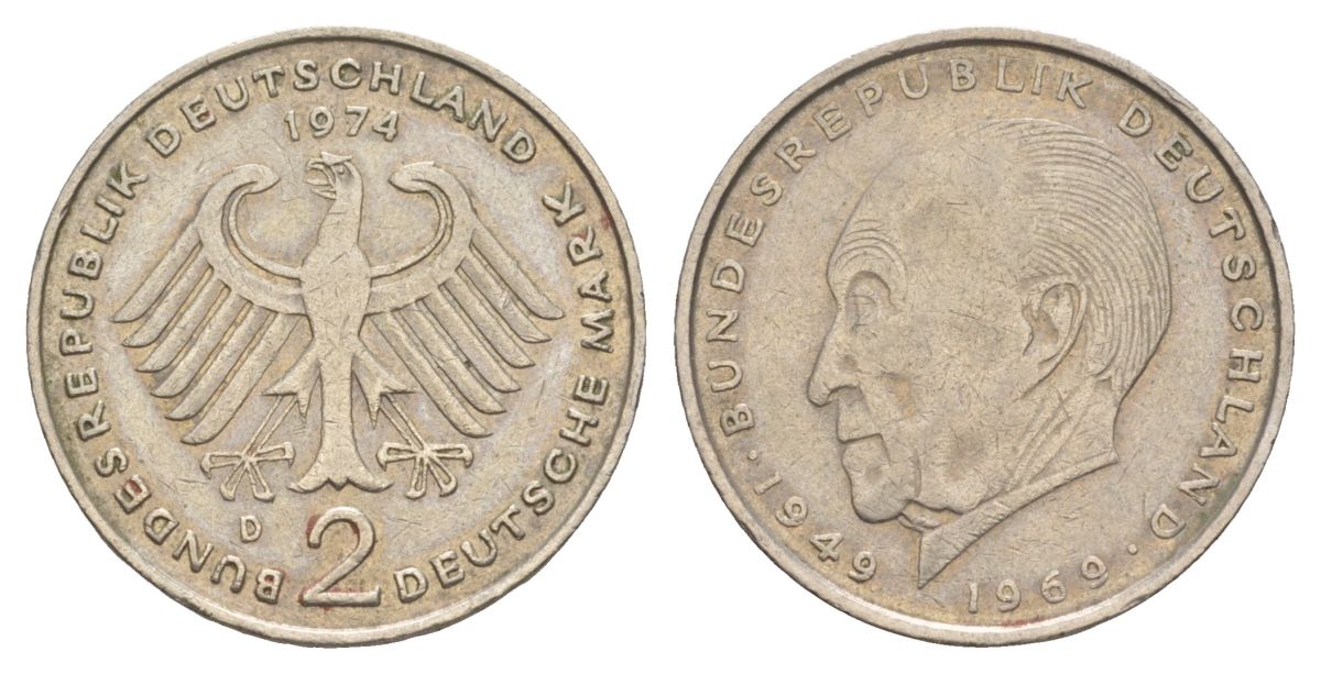 ФРГ 2 марки 1974 D, Конрад Аденауэр, 20 лет Федеративной Республике (1949-1969) KM 124 медно-никель 4628-754