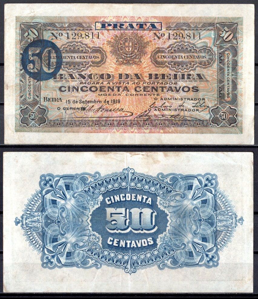 Мозамбик 50 сентаво 1919 Pick R4 бумага 7214-22-3-1