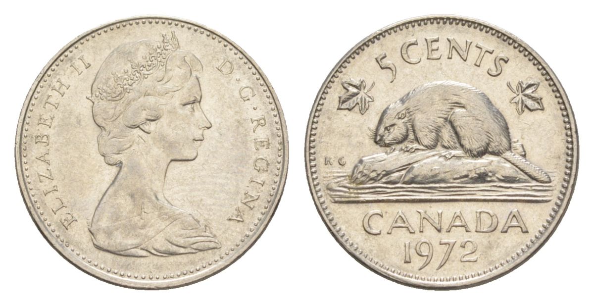 Канада 5 центов 1972 Елизавета II (1952-2022), бобр KM 60.1 никель 4630-719