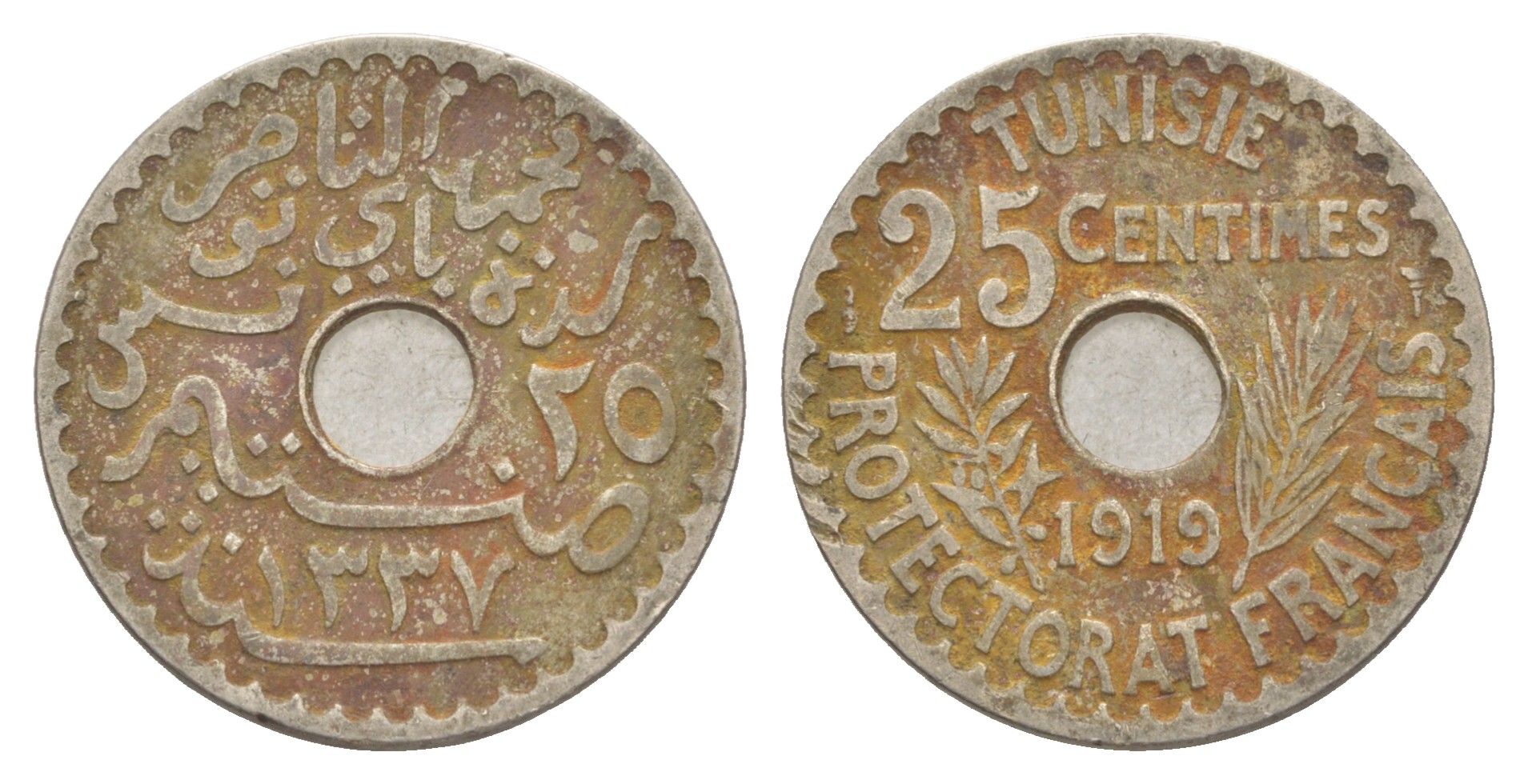 Тунис 25 сантимов 1919 A KM 244 никель латунь 4642-356