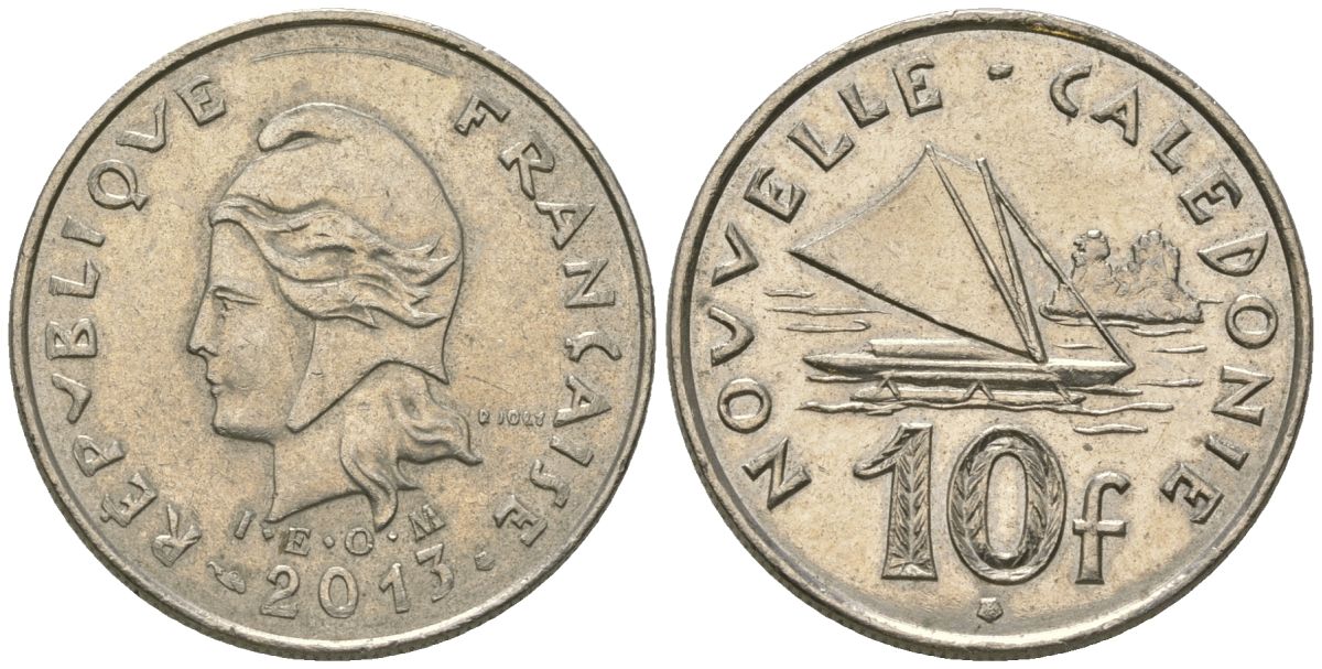 Французская Новая Каледония 10 франков 2013 рыбачья парусная лодка, (IEOM) KM 11a, Schoen 13a, Lec 99k медно-никель 67-433