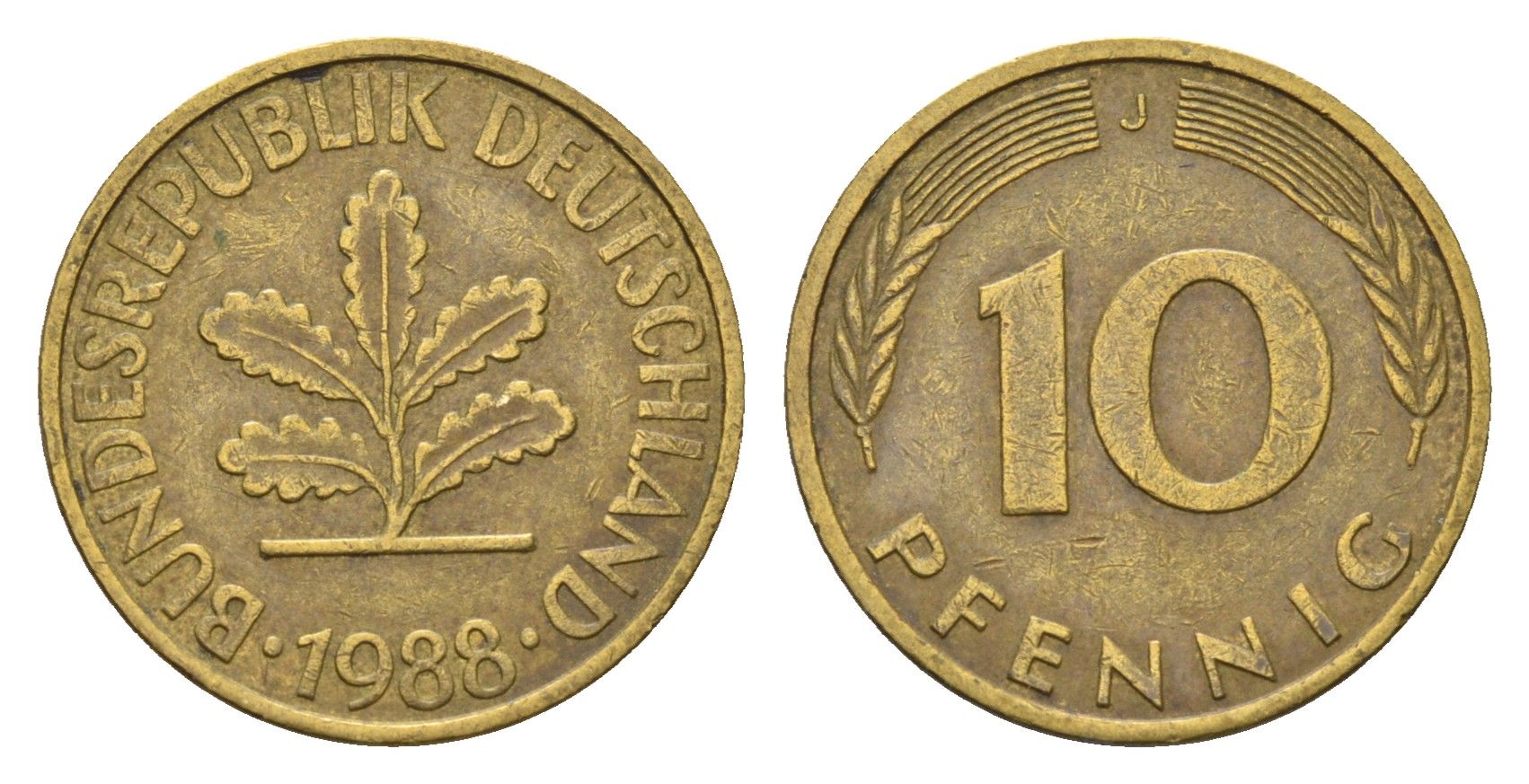 ФРГ 10 пфеннигов 1988 J KM 108, J. 383 сталь плакированная латунью 4684-1218