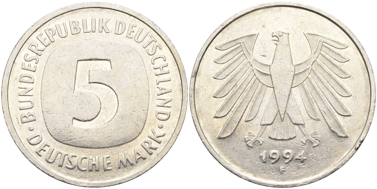 ФРГ 5 марок 1994 F KM 140.1, J.415 медно-никель 4139-131