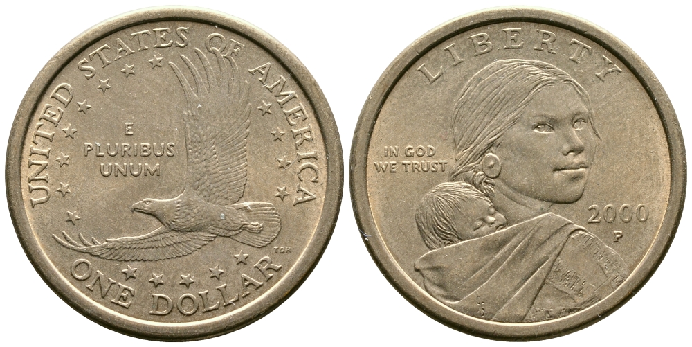 США 1 доллар 2000 Р, индианка Сакагавея KM 310 медь с марганцево-латунным покрытием UNC 29-444