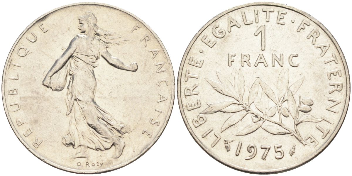 Франция 1 франк 1975 сеятель, тип Semeuse KM 925, Le Franc 226.20 никель 4592-1117
