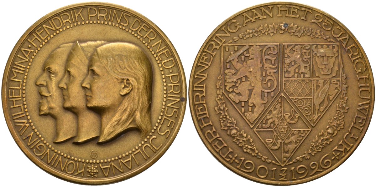 Нидерланды медаль 1926 Королева Вильгельмина, прнц Генрих и принцесса Юлиана, 25 лет свадьбы, диаметр 41 мм 1926-1, KB. 38 бронза 1068-3-41