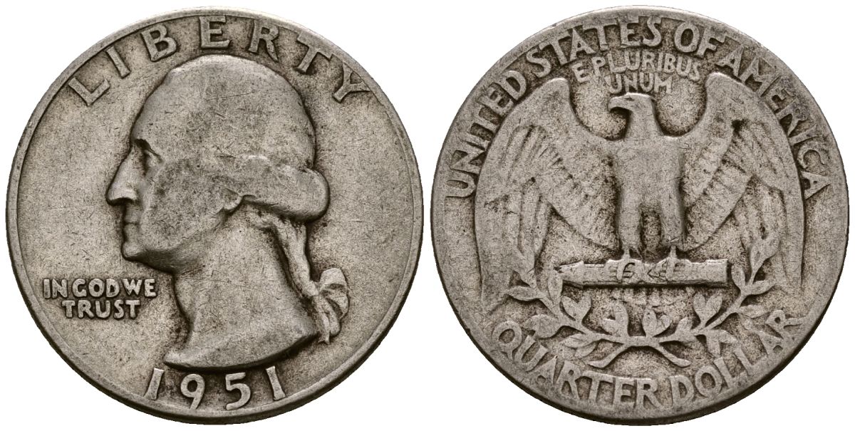 США 25 центов = квотер 1951 Вашингтон KM 164 серебро 4177-724