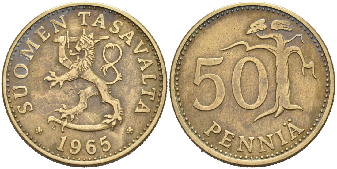 ФИНЛЯНДИЯ 50 ПЕННИ 1965 S KM 48 алюминиевая бронза 4563-415