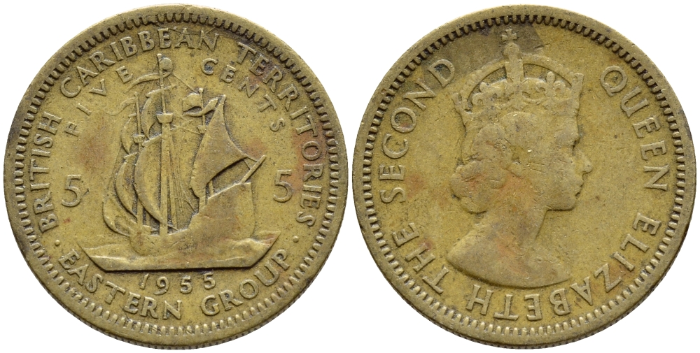 Британские Восточно-Карибские территории 5 центов 1955 Елизавета II (1952-2022), парусник KM 4 никель латунь 4388-835