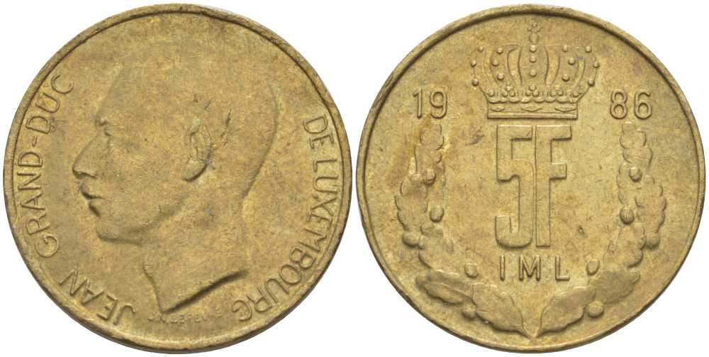 Люксембург 5 франков 1986 Великий герцог Жан (1964-1999) KM 60.1 латунь 4402-243