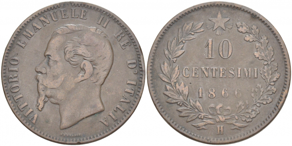 ИТАЛИЯ 10 ЧЕНТЕЗИМО 1866 H, ВИКТОР ЭММАНУИЛ II (1861-1878) KM 11.3 медь 51-4245