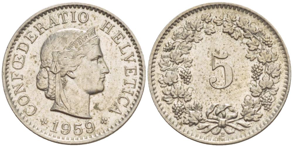 ШВЕЙЦАРИЯ 5 РАППЕНОВ 1959 В KM 26 медно-никель 4532-952
