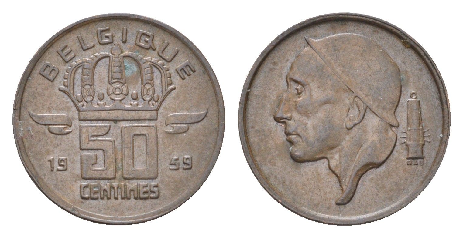 Бельгия 50 сантимов 1959 Belgique, Бодуэн I (1951-1993) KM 148 бронза 4702-1045