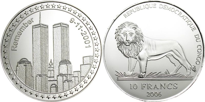 Конго 10 франков 2006 башни близнецы, в память жертв 11 сентября 2001 года серебро PROOF 4-5-3-01