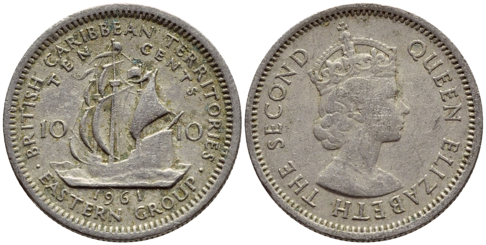 Британские Восточно-Карибские территории 10 центов 1961 Елизавета II (1952-2022), парусник KM 5 медно-никель 4387-867