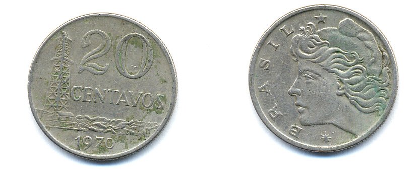 Бразилия 20 сентаво 1970 голова Свободы влево KM 579.2, Schon 84a медно-никель 51-4644