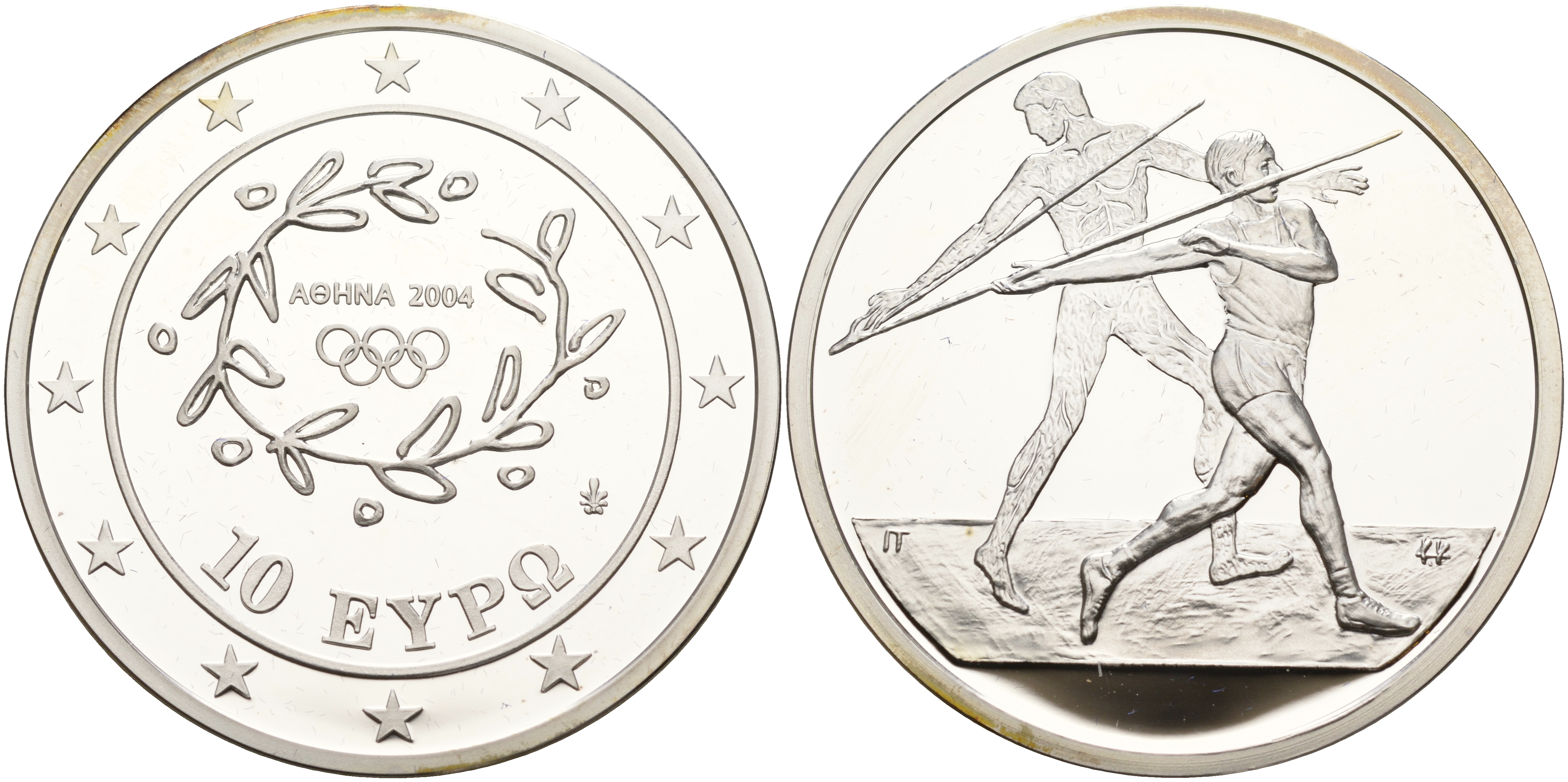 Греция 10 евро 2003 XXVIII летние Олимпийские игры 2004 года в Афинах, метание копья KM 193 серебро PROOF 11-244-34