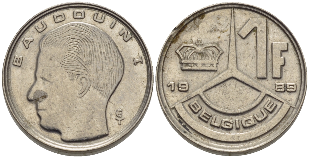 Бельгия 1 франк 1989 Belgique, Бодуэн I (1951-1993) KM 170 железо плакированное никелем 66-312