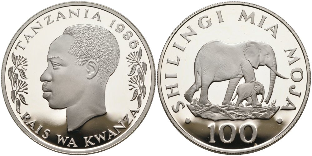 Танзания 100 шиллингов 1986 серия 25 лет окружающей среды, слоны, тираж 25000 экз. ​KM 18а серебро PROOF 01-170-25