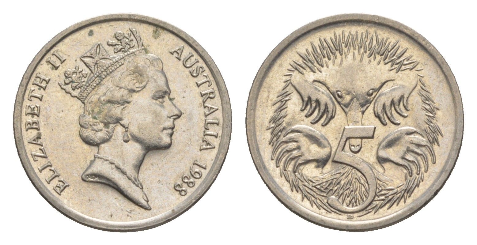 Австралия 5 центов 1988 Елизавета II (1952-2022), ехидна KM 80 медно-никель UNC 4154-113