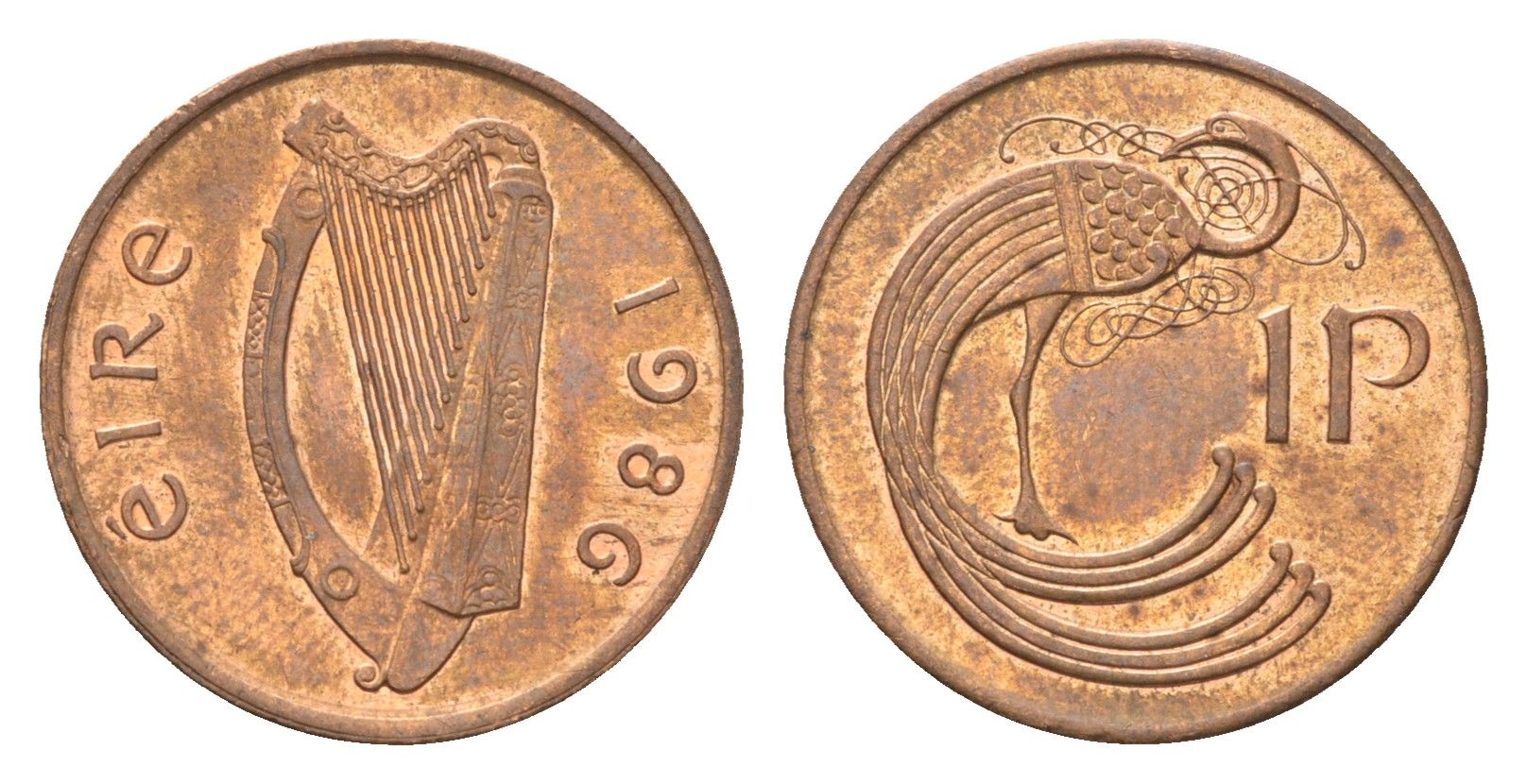 Ирландия 1 пенни 1986 мифологическая птица лира KM 20 бронза UNC 4696-417