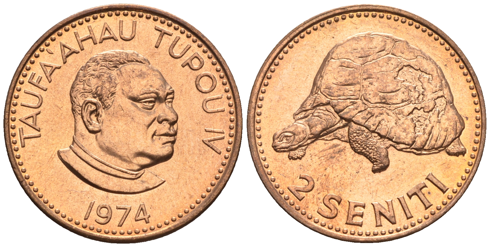Тонга 2 сенити 1974 король Тауфа’ахау Тупоу IV (1967-2006), черепаха KM 28 бронза  UNC  220-1161