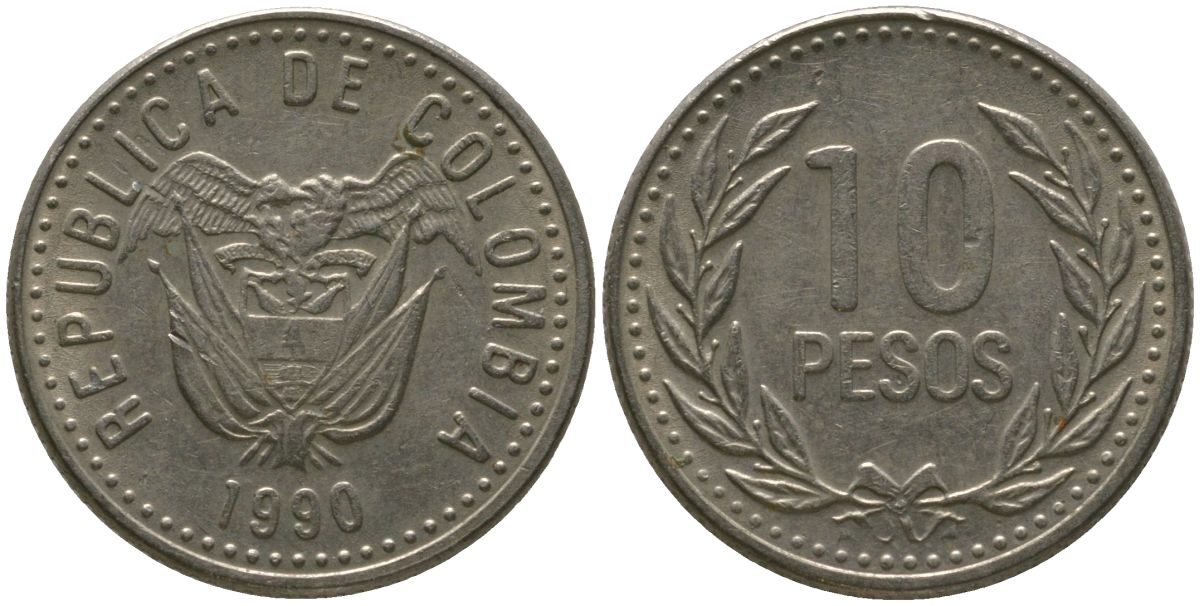 Колумбия 10 песо 1990 KM 281.1 медь цинк никель 4528-832
