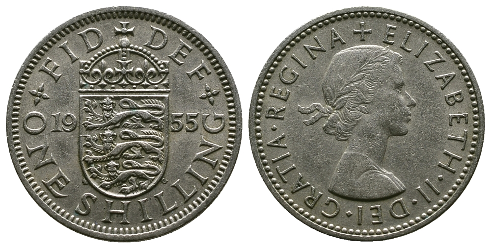 Великобритания 1 шиллинг 1955 Елизавета II (1952-2022), Английский герб KM 904, Spink 4147 медно-никель 4384-321