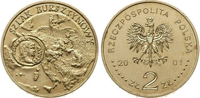 Польша 2 злотых 2001 MW, янтарный путь KM 410 нордик  UNC  4521-1022