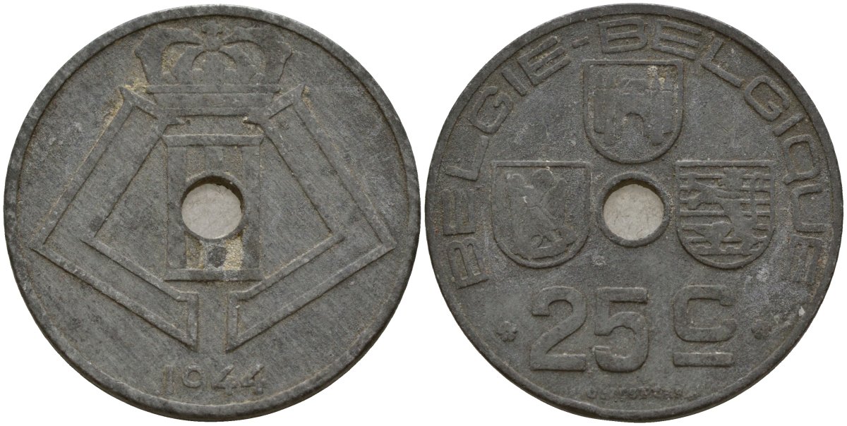 Бельгия 25 сантимов 1944 Belgie - Belgique, Леопольд III (1934-1947), германская оккупация, Вторая мировая война KM 132 цинк 4157-614