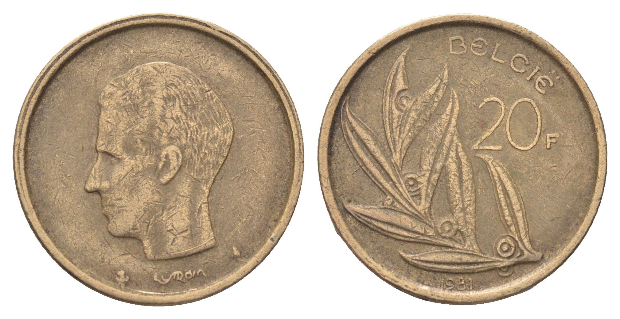 Бельгия 20 франков 1981 Belgie, Бодуэн I (1951-1993) KM 160 никель латунь 4704-1245
