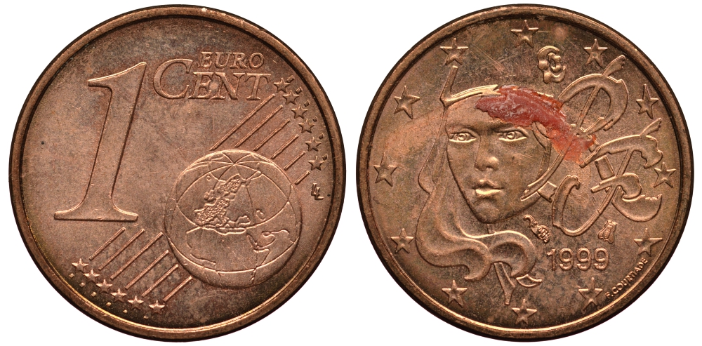 Франция 1 евроцент 1999 KM 1282 сталь плакированная медью VF 4181-133