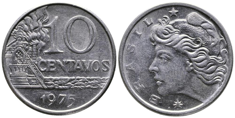 БРАЗИЛИЯ 10 СЕНТАВО 1975 KM 578.1а нержавеющая сталь 3336-855