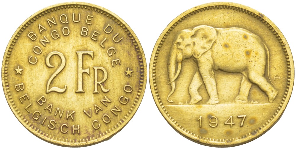Бельгийское Конго 2 франка 1947 слон KM 28 латунь 4541-1031