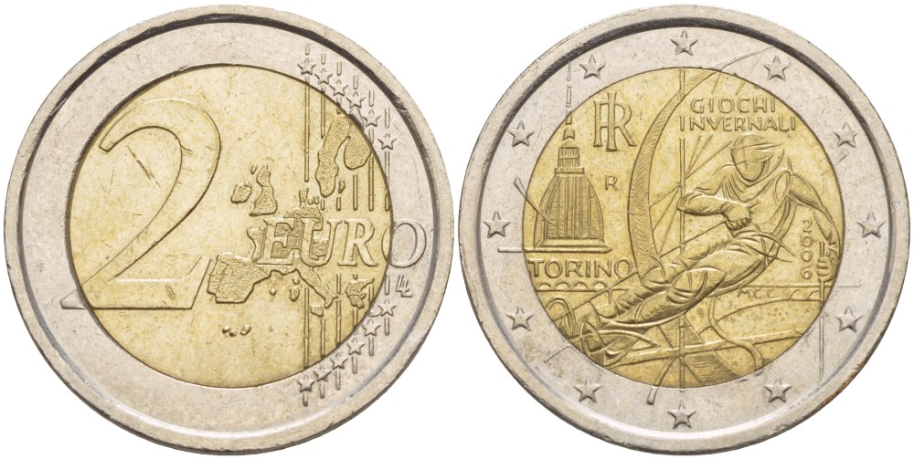 Италия 2 евро 2006 XX зимние Олимпийские игры в Турине 2006 года, лыжник KM 246 биметалл 216-1136