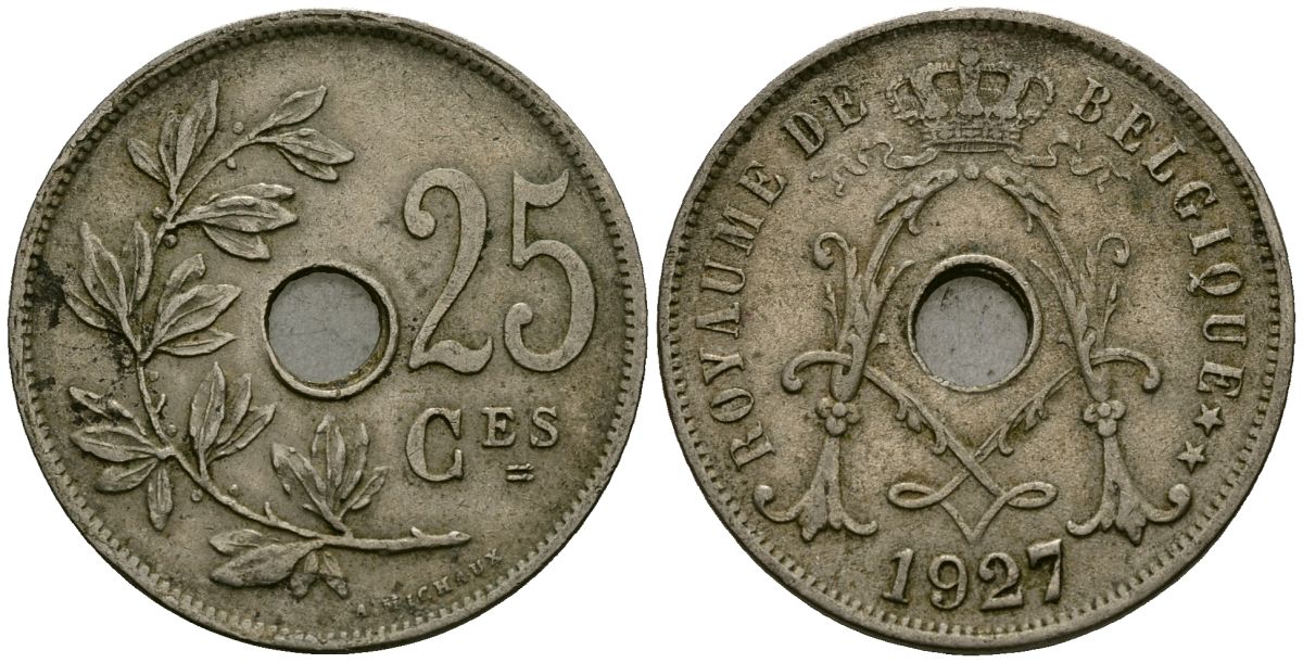 Бельгия 25 сантимов 1927 Belgique KM 68 медно-никель 4165-524