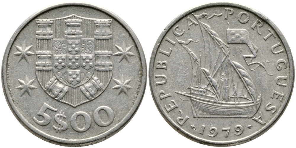 ПОРТУГАЛИЯ 5 ЭСКУДО 1979 ПАРУСНИК KM 591 медно-никель 65-1123